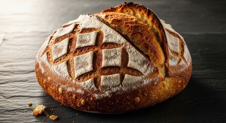 Freshly baked round bread with a crisp crust on a dark surface after cooling on a kitchen counter
