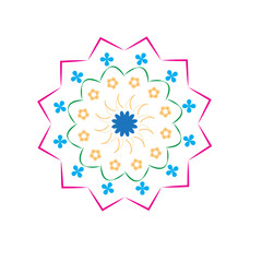 Abstract Ornamental Mandala Motif Vector Design Illustration. Multi-layered, colorful, intricate mandala design with radiating patterns and various colors. Flower Mandalas. 