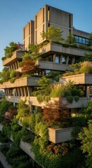 Obraz premium Modern architectural design featuring terraced greenery in an urban setting during golden hour