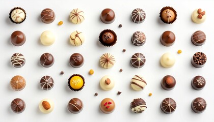 Selection of unique dark, milk and white chocolate candies.