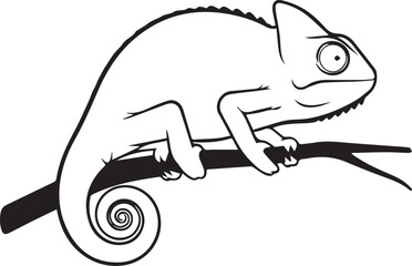 Charming chameleon silhouette clinging to a branch with swirling tail detailed outline