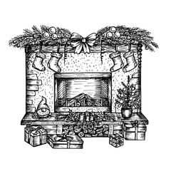 Sketch illustration of a fireplace decorated with Christmas elements, toys, gifts. Festive Christmas holiday composition. Vector line art drawing, isolated