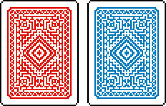 A pixel art style playing card reverse back design. An original design. Each card 55 squares wide by 74 tall.