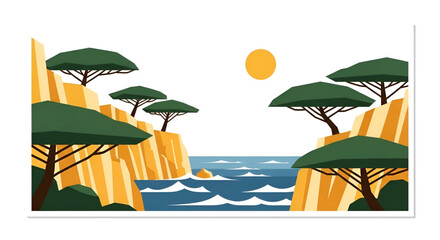 Obraz premium Coastal landscape illustration with trees cliffs and ocean scenery art