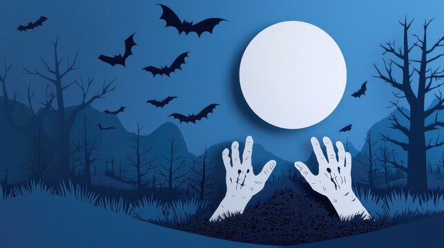 A spooky night scene featuring hands reaching from the ground, surrounded by bats and a full moon, evoking a Halloween atmosphere.