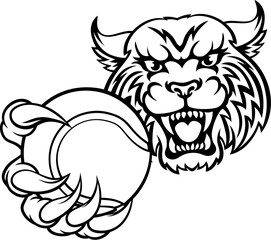A wildcat or bobcat with a tennis ball sports team animal cartoon mascot