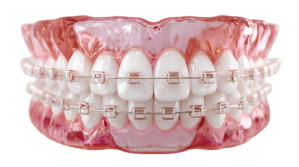 Dental model showing teeth with braces, isolated on transparent background
