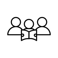 group_learning_icon  Black and white icon of three people with one holding an open book, symbolizing group learning, education, and training.