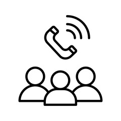 team_communication_icon. Black and white icon showing three people with a phone and signal waves above them, symbolizing communication, teamwork, and customer support.
