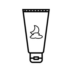 night cream tube icon Vector illustration of a cosmetic tube with a moon and cloud symbol, representing night cream or nighttime skincare product packaging. Minimalist outline style on white backgroun