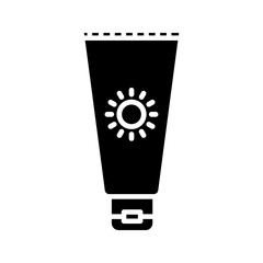 sun cream tube icon Vector icon of a cosmetic tube with a sun symbol, representing sunscreen or day cream packaging. Minimalist line design on a white background.