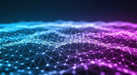 Colorful abstract digital landscape with flowing lines and nodes set against a dark background