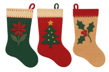 Christmas felt stockings hanging, decorating for the winter holiday season with festive poinsettia, tree, and holly designs
