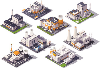 Obraz premium Set of industrial factory buildings in isometric graphic style on white background. Concept of manufacturing infrastructure. Vector illustration