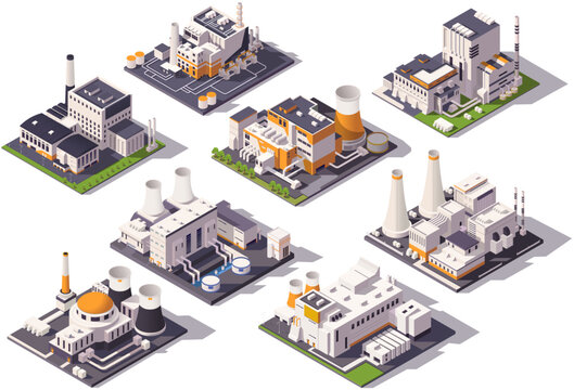 Set of industrial factory buildings in isometric graphic style on white background. Concept of manufacturing infrastructure. Vector illustration