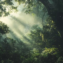 Morning sunlight shining through dense jungle high resolution picture