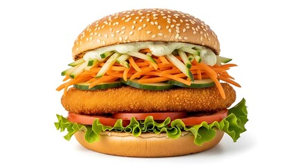 A chickpea burger on a sesame bun with lettuce, chickpeas, guacamole, shredded cheddar cheese, tomatoes, radish, and sprouts close-cut on a white background
