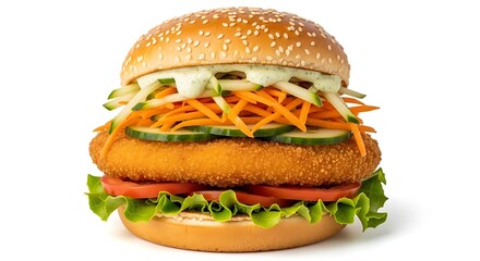A chickpea burger on a sesame bun with lettuce, chickpeas, guacamole, shredded cheddar cheese, tomatoes, radish, and sprouts close-cut on a white background