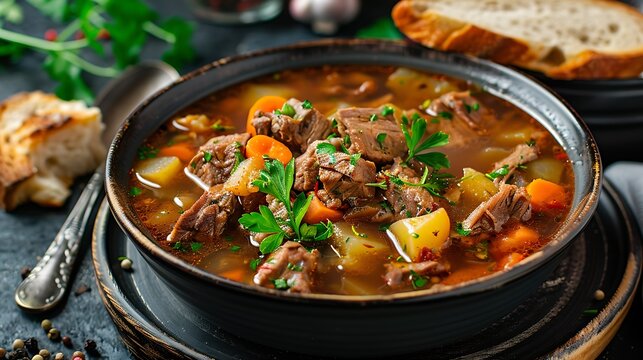 A hearty bowl of beef stew with carrots potatoes and parsley served with crusty bread slices - Powered by Adobe