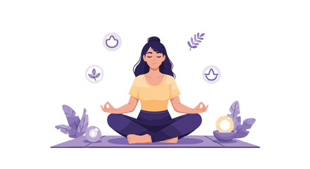 Peaceful woman practices seated meditation surrounded by spiritual symbols and glowing orbs