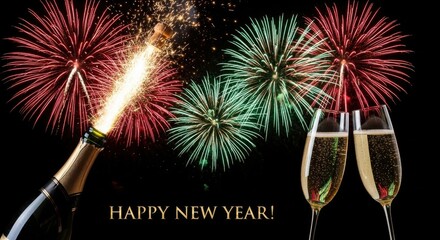 Celebration of New Year with fireworks and champagne by the midnight hour
