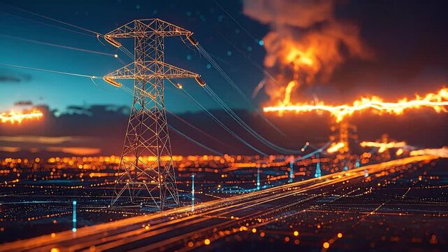 High-voltage power lines stretching across a city skyline at dusk, illuminated by streetlights and the glow of distant fires