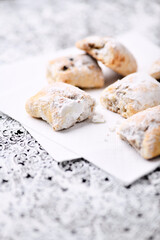 Stollen Bites on bright background. Soft focus. Close up. Copy space.	