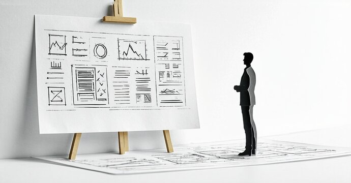 Man views wireframe design on easel. Minimalist scene, white background, focus on planning, concept development, user interface elements.