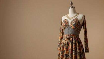 Stylish dress and accessories displayed on mannequin against neutral beige background, soft studio lighting, modern minimalist aesthetic, perfect for fashion branding and boutique visuals.