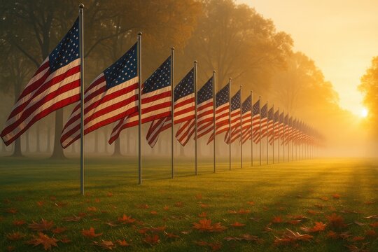 Row of American Flags Standing in Foggy Sunrise Park with Golden Rays and Autumn Leaves - Powered by Adobe