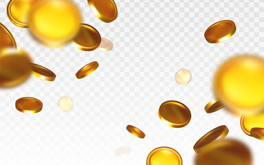 Shiny golden coins falling in different directions, glossy style, on a transparent background. Concept of wealth, money, and success. Vector illustration