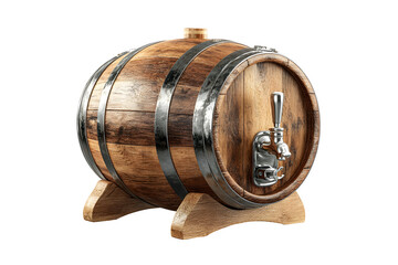 Wooden barrel with metal bands and tap on stand for beverage storage
