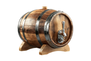 Wooden barrel with metal bands and tap on stand for beverage storage