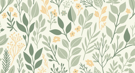 Seamless botanical pattern with stylized green leaves, branches, and small yellow flowers on a light background.