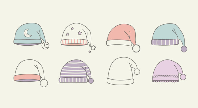 A collection of eight cute, pastel-colored sleeping caps with various decorative elements like moons, stars, and stripes.