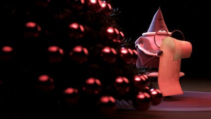 3D Santa checking list beside Christmas tree