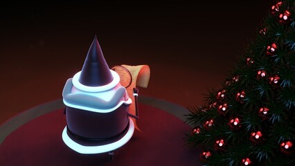 3D Santa reading Christmas list beside glowing tree