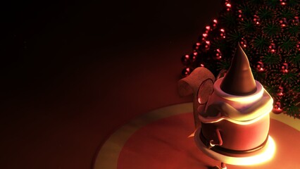 3D Santa reading Christmas list beside glowing tree