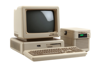 Vintage retro personal computer with monitor, keyboard, and disk drive from the 1980s