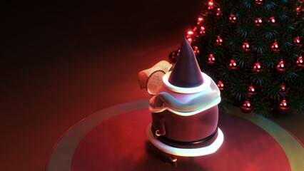 3D Santa reading Christmas list beside glowing tree