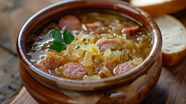 A bowl of traditional polish sauerkraut soup with sausage and bread on a wooden surface