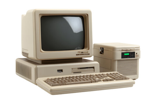 Vintage retro personal computer with monitor, keyboard, and disk drive from the 1980s