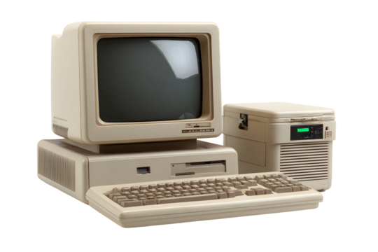 Vintage retro personal computer with monitor, keyboard, and disk drive from the 1980s