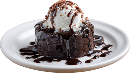 Chocolate lava cake with vanilla ice cream and chocolate shavings isolated on transparent background