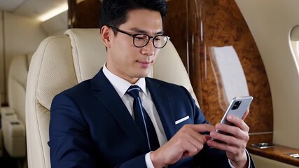 Asian Man in Blue Suit Using Smartphone Inside Private Jet Cabin with Tan Leather Seats and Wood Paneling in Warm Lighting - Powered by Adobe