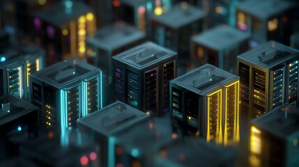 Obraz premium Futuristic Isometric Server Rack Cluster with Neon Accents