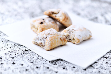 Stollen Bites on bright background. Soft focus. Close up. Copy space.	