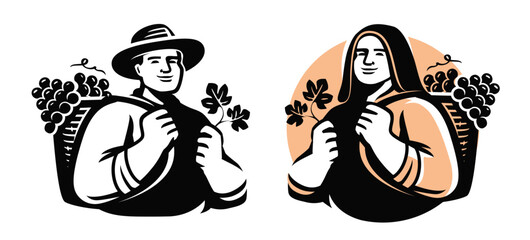 Woman with basket of grapes and leaves. Female farmer harvesting crops. Vineyard, winemaking emblem
