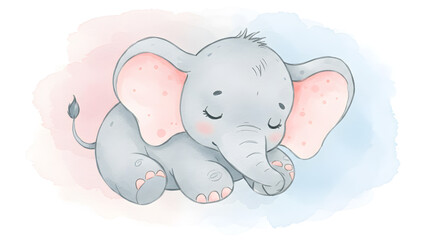 Beautiful childish watercolor hand drawn illustration with cute sleeping baby elephant. Kid's clipart print. Stock baby illustration