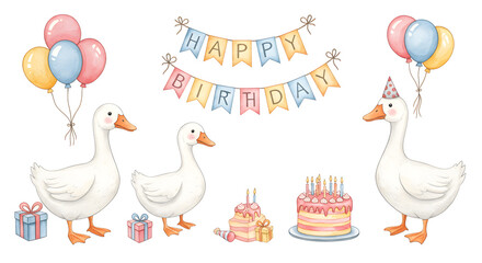 Beautiful baby set with watercolor cute white goose birds celebrating birthday party. Stock illustration